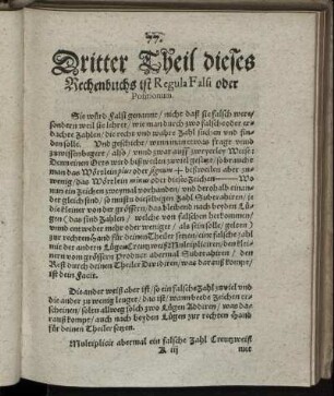 Dritter Theil dieses Rechenbuchs ist Regula Falsi oder Positionum
