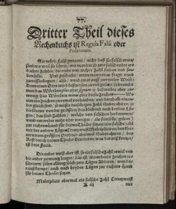Dritter Theil dieses Rechenbuchs ist Regula Falsi oder Positionum