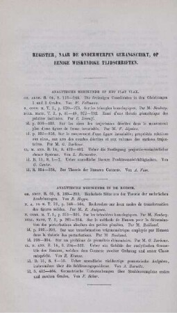 Register, naar de onderwerpen gerangschikt, op eenige wiskundige tijdschriften.