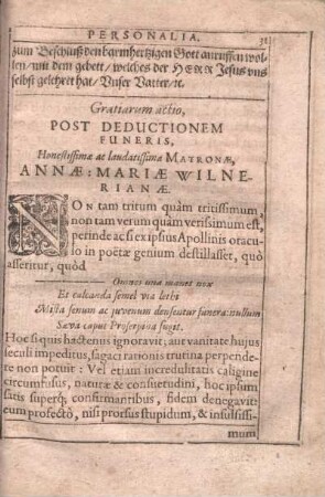 Gratiarum actio, Post Deductionem Funeris, Honestissimae ac laudatissima Matronae, Annae Mariae Wilnerianae.