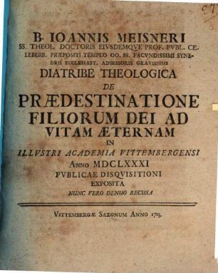 Diatribe theol. de praedestinatione filiorum Dei ad vitam aeternam
