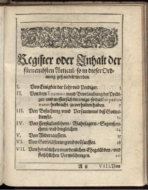 Register oder Inhalt der fürnembsten Articul/ so in dieser Ordnung gehandelt werden