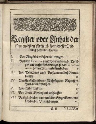 Register oder Inhalt der fürnembsten Articul/ so in dieser Ordnung gehandelt werden