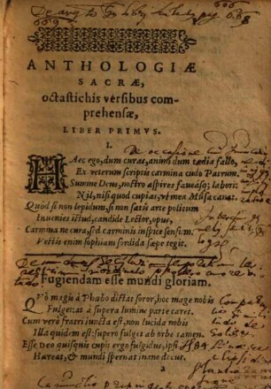 Anthologiae Sacrae Libri Qvatvor : quorum 1. et 2., a Jacobo Billio ex probatis utriusque linguae theologis collecti, atque octastichis versibus comprehensi et scholiis illustr. sunt ; 3. Prosperi Aquitanici Sacra epigrammata in D. Aurelii Augustini Sententias continet ; 4. varios hymnos sacros, pietatem spirantes, complectitur ; cum triplici ind.