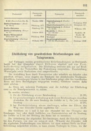 Eilabholung von gewöhnlichen Briefsendungen und Telegrammen