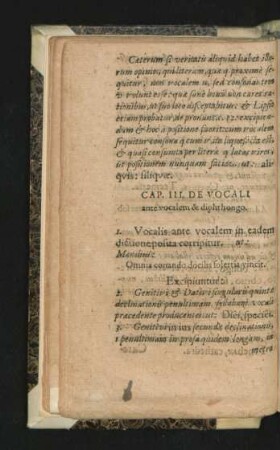 Cap. III. De Vocali ante vocalem & diphthongo.