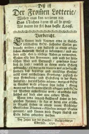 Diß ist Der From[m]en Lotterie/ Wobey man kan verlieren nie ...