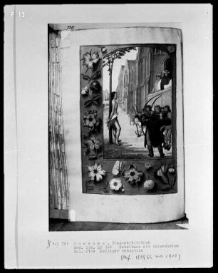 Gebetbuch mit Kalendarium — Martyrium des heiligen Sebastian, Folio 215verso