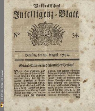 No. 34, Dienstag den 24. August 1784