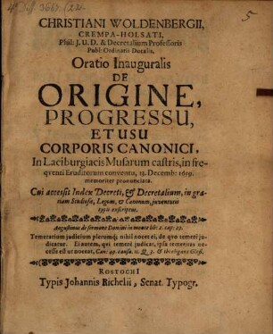Oratio inaug. de origine, progressu et usu corporis canonici