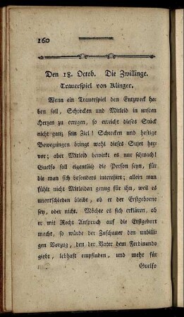 Den 18. Octob. Die Zwillinge. Trauerspiel von Klinger.