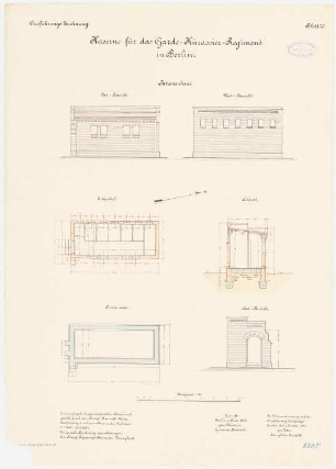 Kaserne des Garde-Kürassier-Regiments und des Königin-Augusta-Garde-Grenadier-Regiments Nr. 4, Berlin: Königin-Augusta-Garde-Grenadier-Regiments Nr. 4, Dunggruben: Patronenhaus: Grundriss Fundamente, Erdgeschoss, Querschnitt, Ost-, West-, Südansicht 1:100