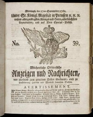 No. 39. Montags, den 27ten September 1762.
