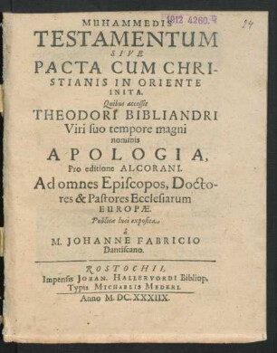 Muhammedis Testamentum Sive Pacta Cum Christianis In Oriente Inita