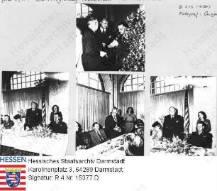 Darmstadt, 1947 Juli / amerikanische Militärregierung / Bild 1: v. l. n. r.: Ludwig Bergsträsser (1883-1960); James R. Newman (* 1901); N. N. / Bild 2: an Tisch stehend: James R. Newman / Bild 3: an Tisch stehend: Ludwig Bergsträsser / Bild 4: an Tisch stehend: James R. Newman