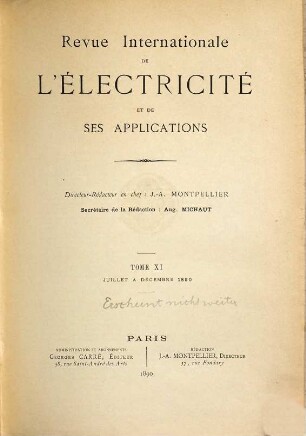 Revue internationale de l'électricité et de ses applications. 11. 1890