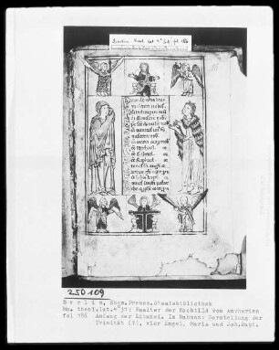 Psalter der Mechthild von Anhalt — Litaneiseite, umrahmt von Heiligen, Engeln und Gottvater, Folio 186recto