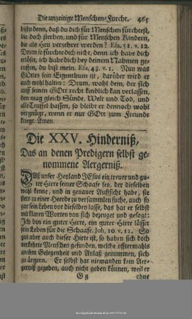 Die XXV. Hinderniß. Das an denen Predigern selbst genommene Aergerniß