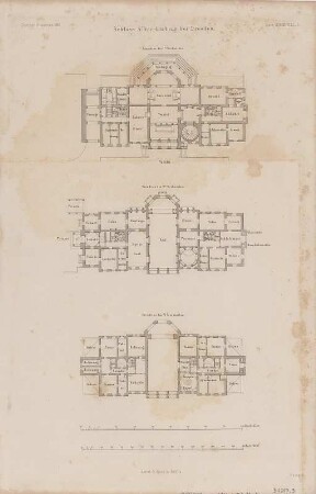Ansicht von Schloss Albrechtsberg bei Dresden, Farblithogr., 1856 : Grundriss des 1t. Stockwerkes / Stüler gest.. - [Ca. 1:350]. - Berlin : Ernst & Korn , 1856. - 3 Grundrisse auf 1 Bl. : Stich