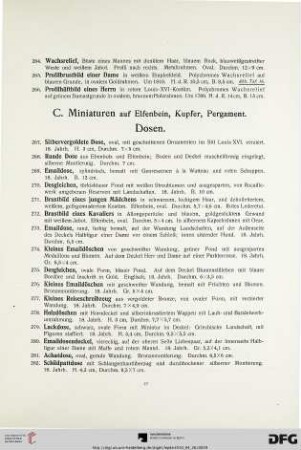 C. Miniaturen aus Elfenbein, Kupfer, Pergament, Dosen usw.