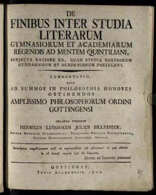 De Finibus Inter Studia Literarum Gymnasiorum Et Academiarum Regendis Ad Mentem Quintiliani, Subjecta Ratione Ea, Quam Studia Nostrorum Gymnasiorum Et Academiarum Postulant