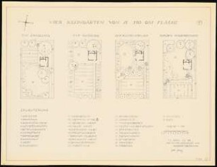 Vier Kleingärten von je 350 qm: 4 Kleingärten und Bepflanzungsplan: Grundriss 1:100