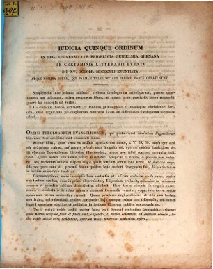 Iudicia quinque ordinum Universitatis Fridericiae Guilelmiae Rhenanae de litterarum certaminibus anni ... facta novaeque quaestiones anno ... propositae, 1841
