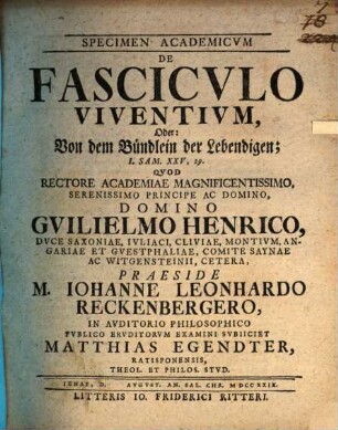 Specimen academicum de fasciculo viventium, Oder: Von dem Bündlein der Lebendigen, I. Sam. XXV, 29.