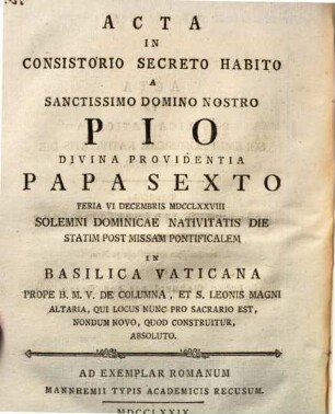 Acta in Basilica Vaticana solemni Dominicae Nativitatis die