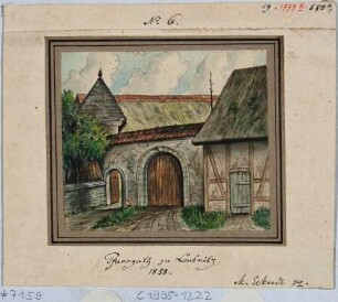 Das alte Pfarrgutstor am Pfarrhaus, 1612 erbaut, 1784 renoviert, 1889 Abbruch, Blatt Teil einer Reihe von Eckardt von 1818/1858