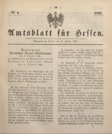 № 4. Ausgegeben zu Cassel am 16. Januar 1867.