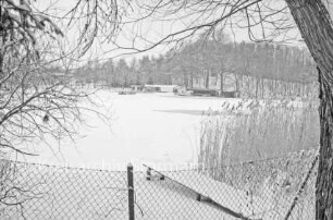 Herrenteich: zugefrorene Wasserfläche: vorn Zaun, Steg, Schilf und Baum: am gegenüberliegenden Ufer Badeanstalt und Bäume: Winter