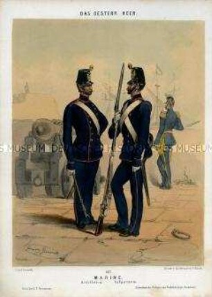 Uniformdarstellung, Artillerist, Infanterist und Offizier der Marine am Hafen, Österreich, 1848/1854. Tafel 142 aus: Gerasch: Das Oesterreichische Heer.