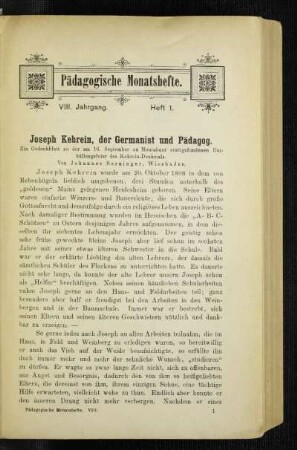 Joseph Kehrein, der Germanist und Pädagog : ein Gedenkblatt zu der am 16. September zu Montabaur stattgefundenen Enthüllungsfeier des Kehrein-Denkmals