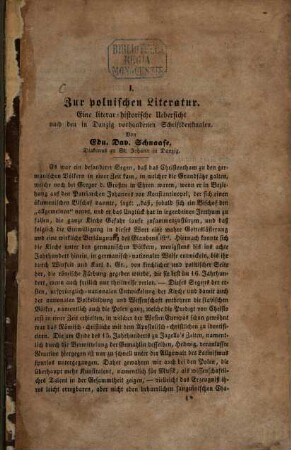 Zur polnischen Literatur : Eine literar-historische Uebersicht nach den in Danzig vorhandenen Schriftdenkmalen. (Aus: Zs. f. d. histor. Theol. 1862. I.)
