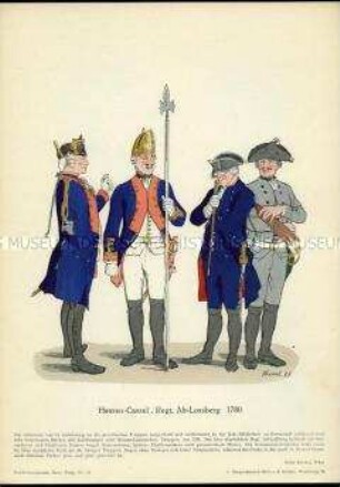 Uniformdarstellung, Offizier, Grenadier, Feldscher und Profoss des Infanterie-Regiments "Alt-Lossberg", Landgrafschaft Hessen-Kassel, 1780.