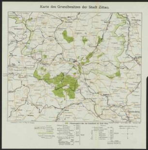 Plan und Umgebungskarte mit Einträgen zum Grundbesitz von Zittau , 1:10 000 u. 1:112 500, Lithographie, 1907 : 1. Plan von Zittau / nach Plänen des Stadtbauamtes. Bearb. von R. Müller. - Rev. 1907. - 1:10 000. - Zittau : Haupt u. Schwager, 1907. - 1 Kt. : Lithogr. ; 38 x 28 cm +++ 2. Karte des Grundbesitzes der Stadt Zittau / Gez. von R. Müller. - Gez. 1900, rev. 1907. - 1:112 500. - Zittau : Haupt u. Schwager, 1907. - 1 Kt. : dreifarb. Lithogr. ; 36 x 33 cm