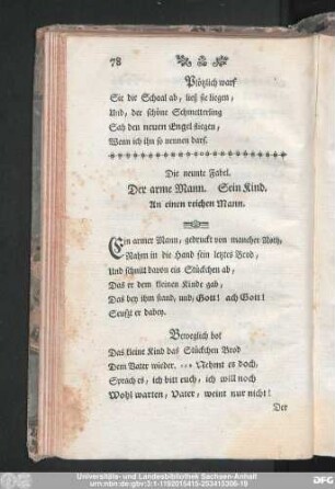 Der neunte Fabel. Der arme Mann. Sein Kind. An einen reichen Mann.