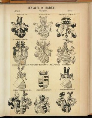 Taf. 44. Schäzler. St-W. - Schäzler, 1821. - Schimmelpfennig. St-W. - Schimmelpfennig. - Schleyss. - Schmitz. - Schnebelin-Baernlapp. - Schnebelin-Bärnlapp. Fhr. v. Bollschweil - Schnebelin. - Schrottenberg Fhr. 1709. - Schrottenberg, St-W. - Schrottenberg and.