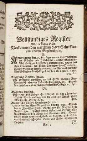 Vollständiges Register Aller in diesem Band Vorkommenden merckwürdigen Schrifften und andern Begebenheiten.