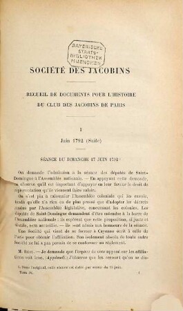 La Société des Jacobins : recueil de documents pour l'histoire du Club des Jacobins de Paris, 4. Juin 1792 à janvier 1793