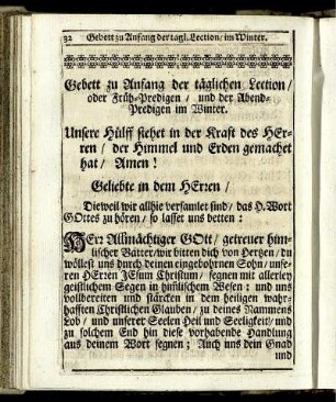 Gebett zu Anfang der täglichen Lection / oder Früh-Predigen / und der Abend-Predigen im Winter.