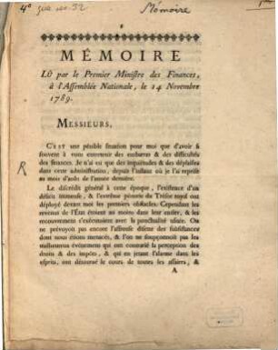 Mémoire lu par le premier ministre Necker des finances à l'assembléz nationale de la France le 14 Nov. 1789