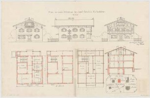 Thiersch, August ; Kiefersfelden (Bayern); Wohnhaus Schulz - Lageplan, Grundrisse, Grundriss 1. OG, Ansichten, Schnitt