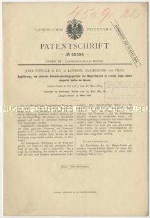 Patentschrift einer Zugführung, mit der mehrere Bodenbearbeitungsgeräte bei Dampfbetrieb in einem Zug hintereinander laufen, Patent-Nr. 26396