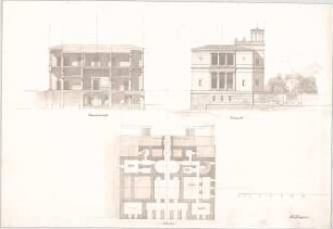 Bühlmann, Josef; Fürstliche Villa am See - Grundriss Souterrain, Ansicht, Längsschnitt