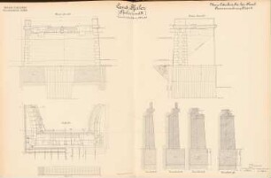Neue Oderbrücke, Cosel: Landpfeiler (I und IV): Vorderansicht, Seitenansicht, Aufsicht, Querschnitte 1:50