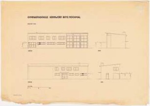 Gymnastikschule am See Monatskonkurrenz Dezember 1932: Aufriss Straßenansicht, Gartenansicht, 2 Seitenansichten 1:100; Maßstabsleiste