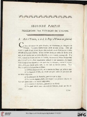 Seconde Partie : Description des provinces de l’Arabie
