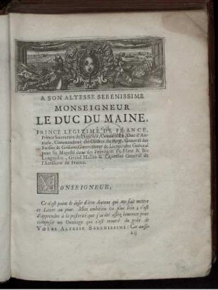 A son altesse serenissime Monseigneur le duc du Maine.